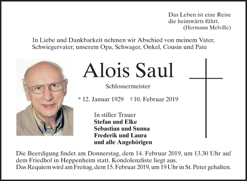  Traueranzeige für Alois Saul vom 14.02.2019 aus Bergsträßer Anzeiger 