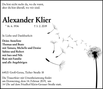 Traueranzeige von Alexander Klier von vrm-trauer