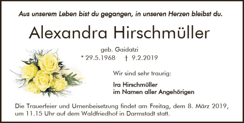  Traueranzeige für Alexandra Hirschmüller vom 23.02.2019 aus vrm-trauer
