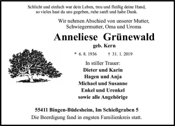 Traueranzeige von Anneliese Grünewald von vrm-trauer