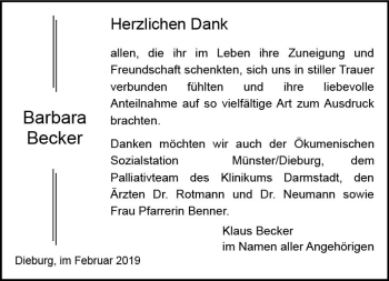 Traueranzeige von Barbara Becker von vrm-trauer