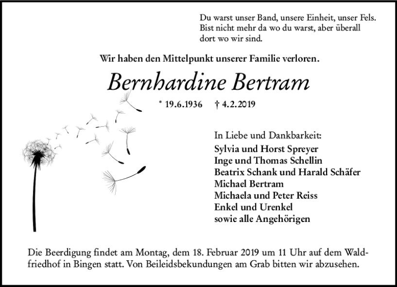  Traueranzeige für Bernhardine Bertram vom 09.02.2019 aus vrm-trauer