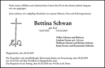 Traueranzeige von Bettina Schwan von vrm-trauer