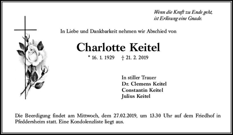  Traueranzeige für Charlotte Keitel vom 23.02.2019 aus vrm-trauer