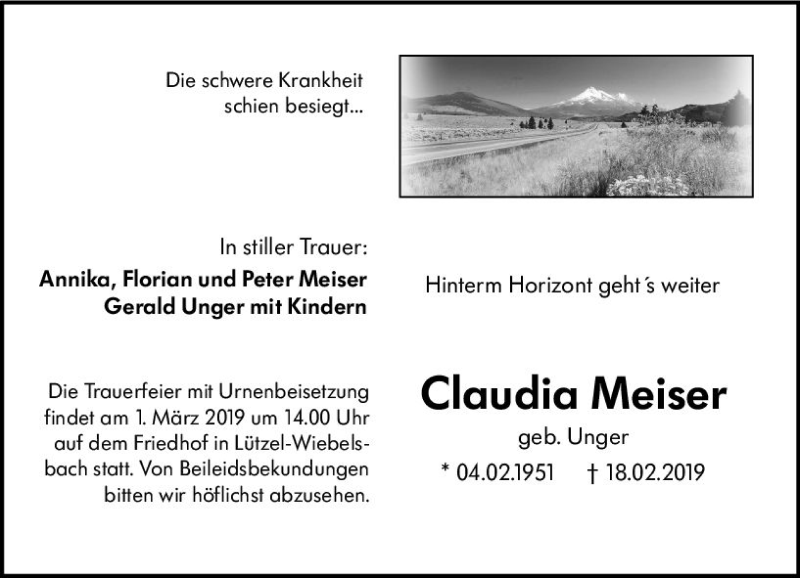  Traueranzeige für Claudia Meiser vom 26.02.2019 aus vrm-trauer