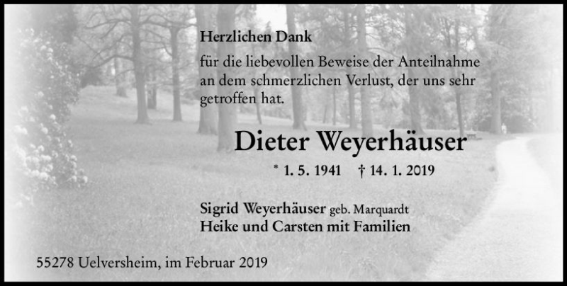  Traueranzeige für Dieter Weyerhäuser vom 16.02.2019 aus vrm-trauer
