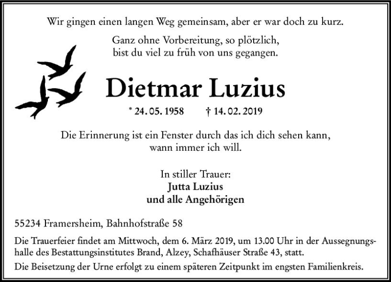  Traueranzeige für Dietmar Luzius vom 23.02.2019 aus vrm-trauer
