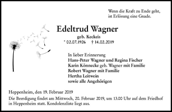 Traueranzeige von Edeltrud Wagner von vrm-trauer