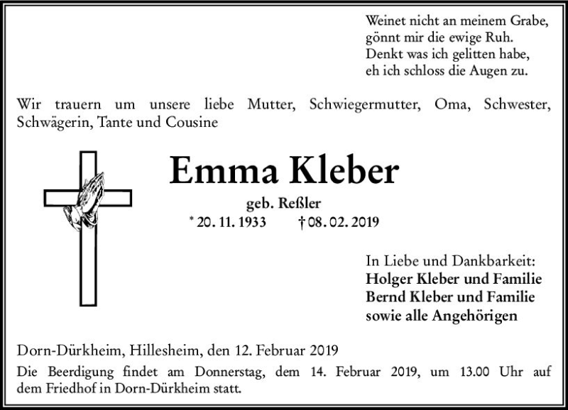  Traueranzeige für Emma Kleber vom 12.02.2019 aus vrm-trauer