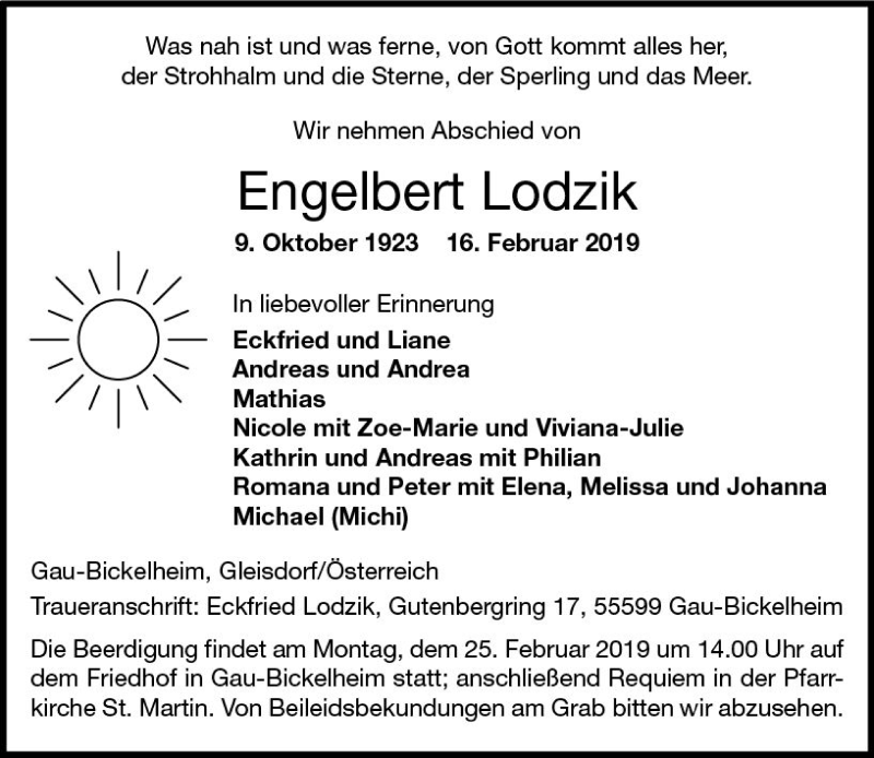  Traueranzeige für Engelbert Lodzik vom 20.02.2019 aus vrm-trauer