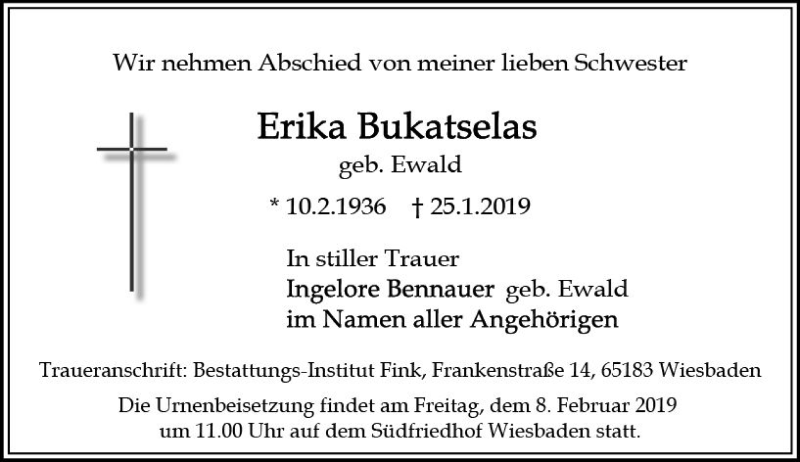  Traueranzeige für Erika Bukatselas vom 02.02.2019 aus vrm-trauer