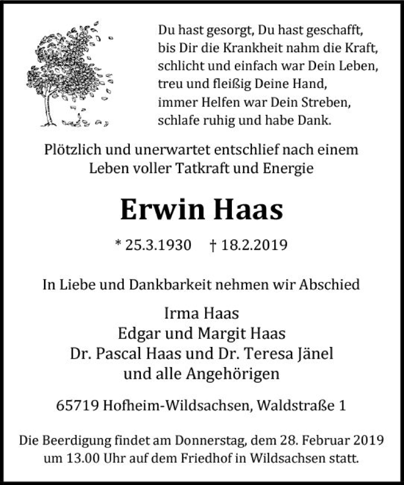  Traueranzeige für Erwin Haas vom 22.02.2019 aus vrm-trauer