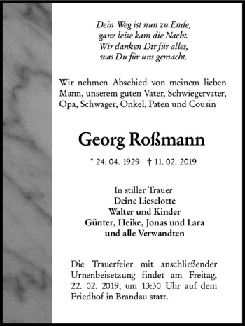 Traueranzeige von Georg Roßmann von vrm-trauer