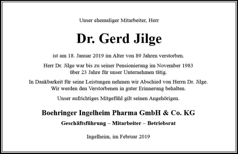  Traueranzeige für Gerd Jilge vom 01.02.2019 aus vrm-trauer