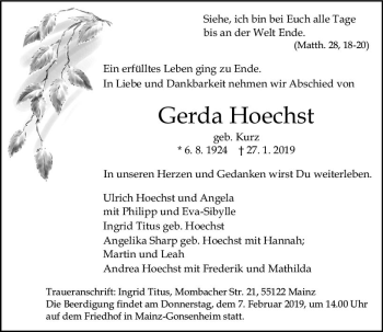 Traueranzeige von Gerda Hoechst von vrm-trauer