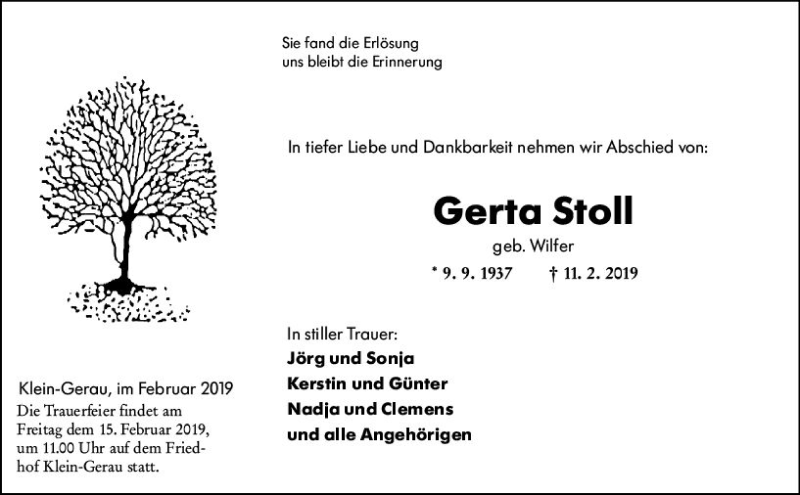  Traueranzeige für Gerta Stoll vom 13.02.2019 aus vrm-trauer