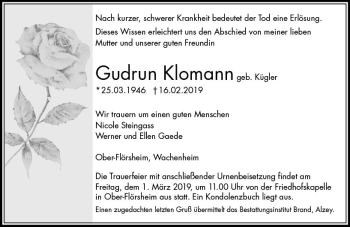 Traueranzeige von Gudrun Klomann von vrm-trauer