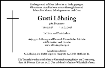 Traueranzeige von Gusti Löhning von vrm-trauer