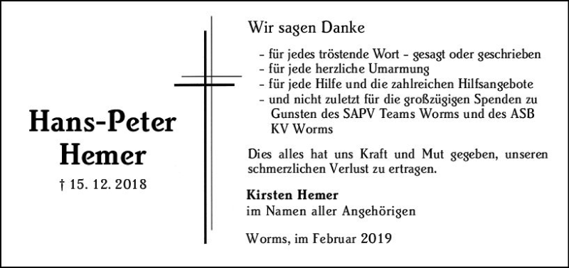  Traueranzeige für Hans-Peter Hemer vom 23.02.2019 aus vrm-trauer