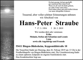 Traueranzeige von Hans-Peter Straube von vrm-trauer