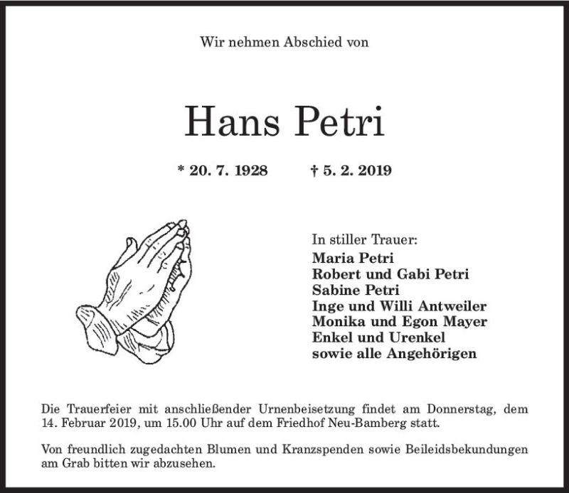  Traueranzeige für Hans Petri vom 11.02.2019 aus vrm-trauer