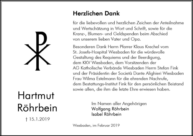 Traueranzeige für Hartmut Röhrbein vom 02.02.2019 aus vrm-trauer
