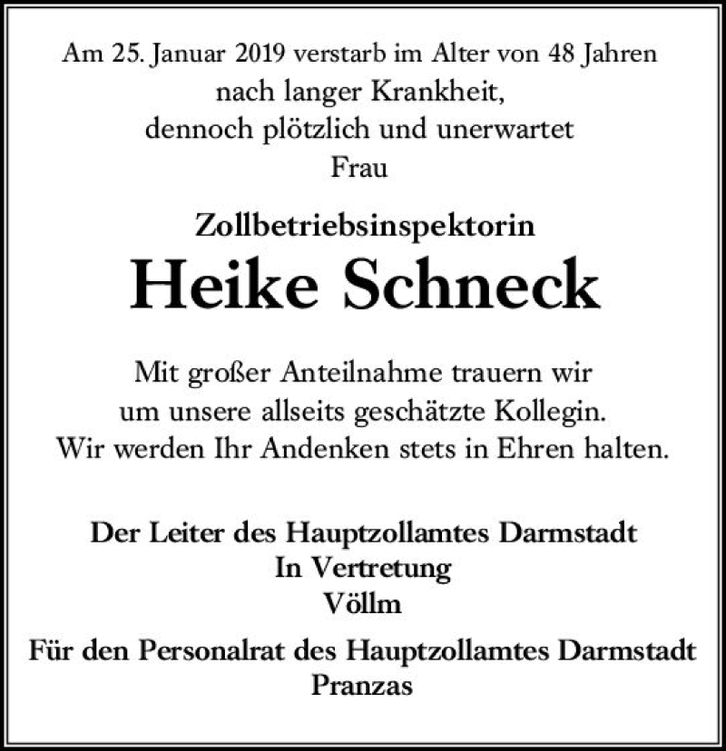 Traueranzeige für Heike Schneck vom 06.02.2019 aus vrm-trauer