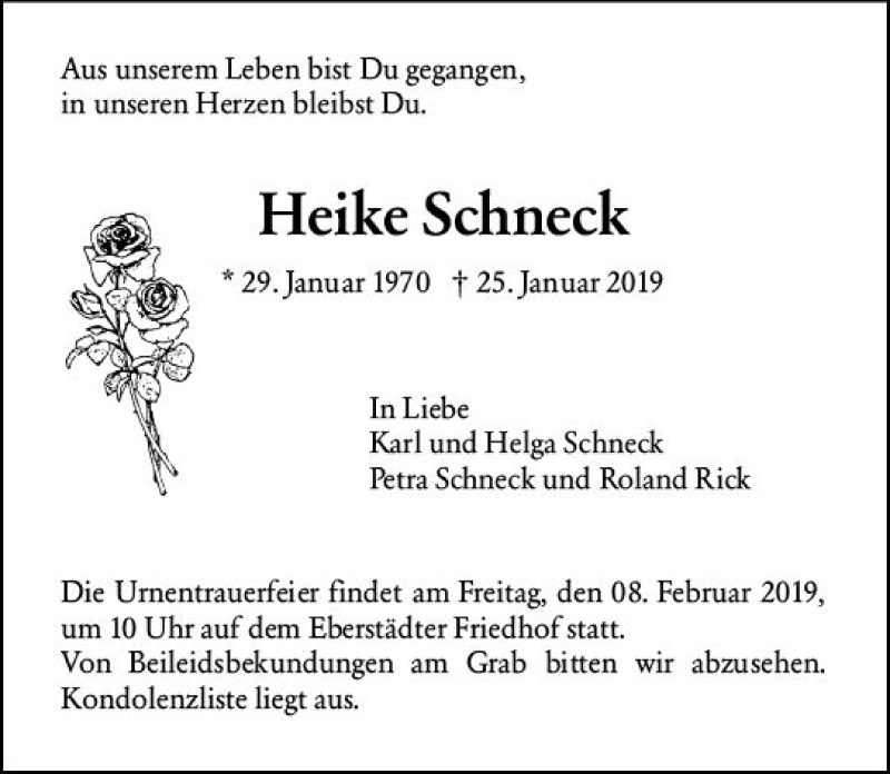  Traueranzeige für Heike Schneck vom 02.02.2019 aus vrm-trauer