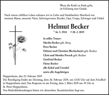 Traueranzeige von Helmut Becker von vrm-trauer