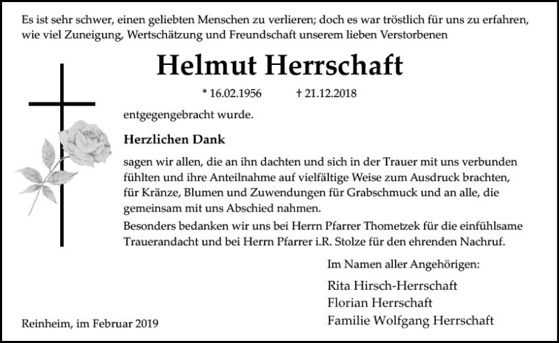  Traueranzeige für Helmut Herrschaft vom 02.02.2019 aus vrm-trauer