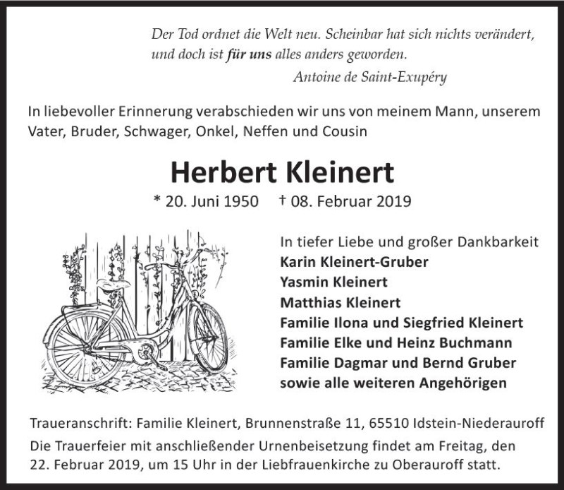  Traueranzeige für Herbert Kleinert vom 16.02.2019 aus vrm-trauer