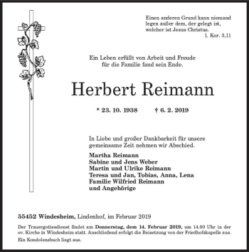 Traueranzeige von Herbert Reimann von vrm-trauer