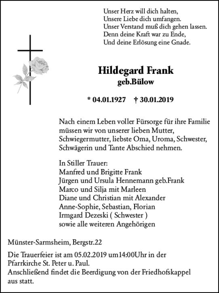  Traueranzeige für Hildegard Frank vom 02.02.2019 aus vrm-trauer