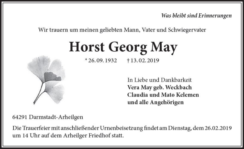  Traueranzeige für Horst Georg May vom 23.02.2019 aus vrm-trauer