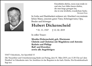 Traueranzeige von Hubert Dickenscheid von vrm-trauer