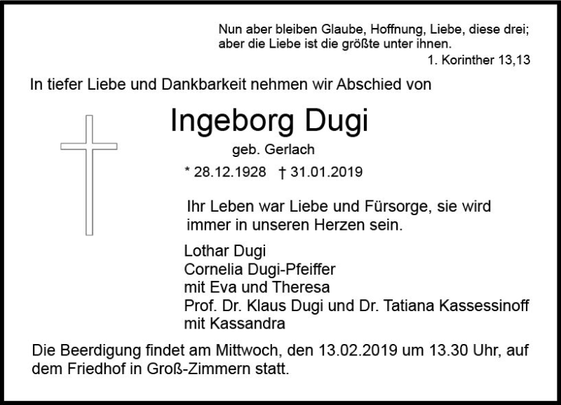  Traueranzeige für Ingeborg Dugi vom 09.02.2019 aus vrm-trauer