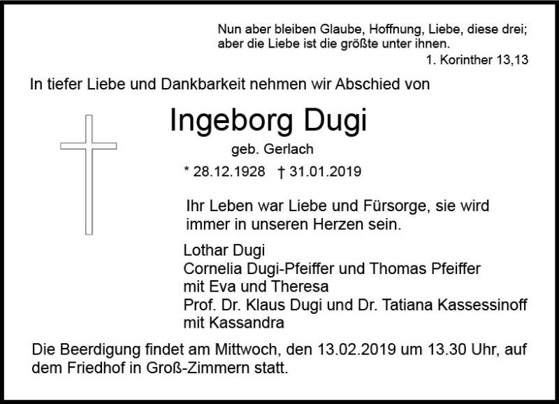  Traueranzeige für Ingeborg Dugi vom 12.02.2019 aus vrm-trauer