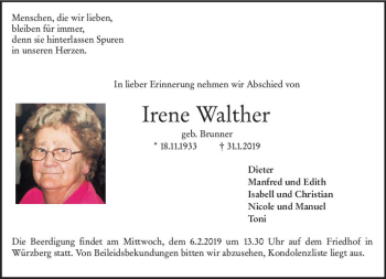Traueranzeige von Irene Walther von vrm-trauer