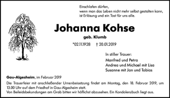 Traueranzeige von Johanna Kohse von vrm-trauer