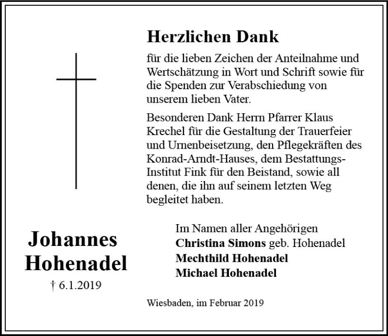  Traueranzeige für Johannes Hohenadel vom 02.02.2019 aus vrm-trauer