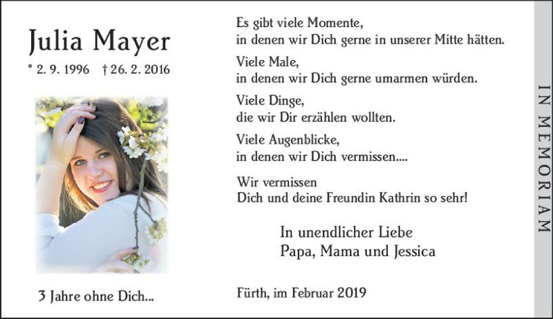  Traueranzeige für Julia Mayer vom 26.02.2019 aus vrm-trauer