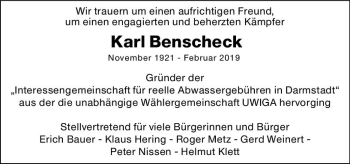 Traueranzeige von Karl Benscheck von vrm-trauer