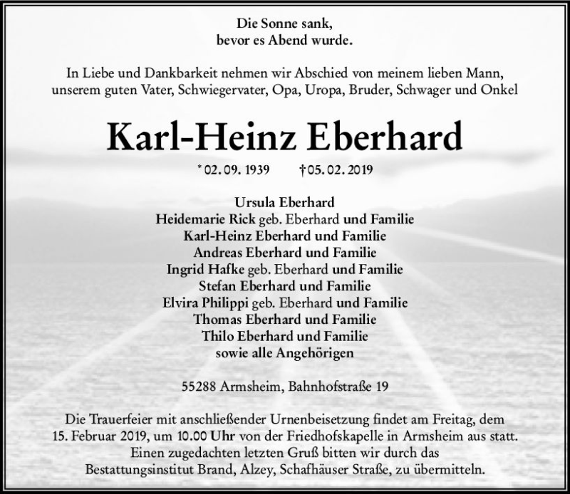  Traueranzeige für Karl-Heinz Eberhard vom 07.02.2019 aus vrm-trauer
