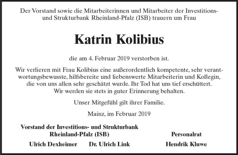  Traueranzeige für Katrin Kolibius vom 16.02.2019 aus vrm-trauer