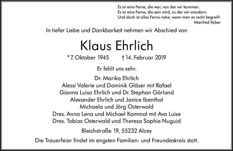  Traueranzeige für Klaus Ehrlich vom 16.02.2019 aus vrm-trauer