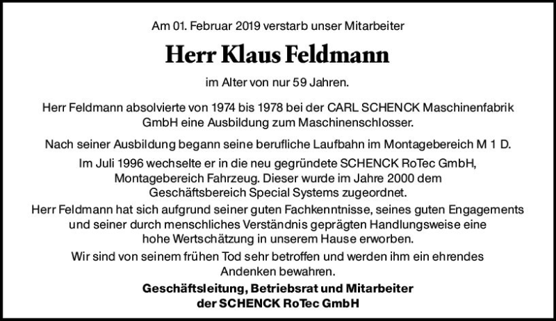  Traueranzeige für Klaus Feldmann vom 16.02.2019 aus vrm-trauer