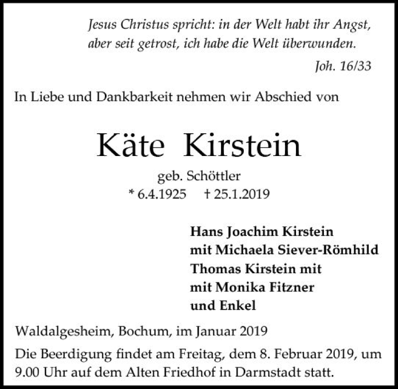  Traueranzeige für Käte Kirstein vom 02.02.2019 aus vrm-trauer