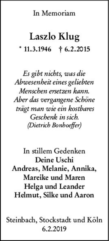 Traueranzeige von Laszlo Klug von vrm-trauer