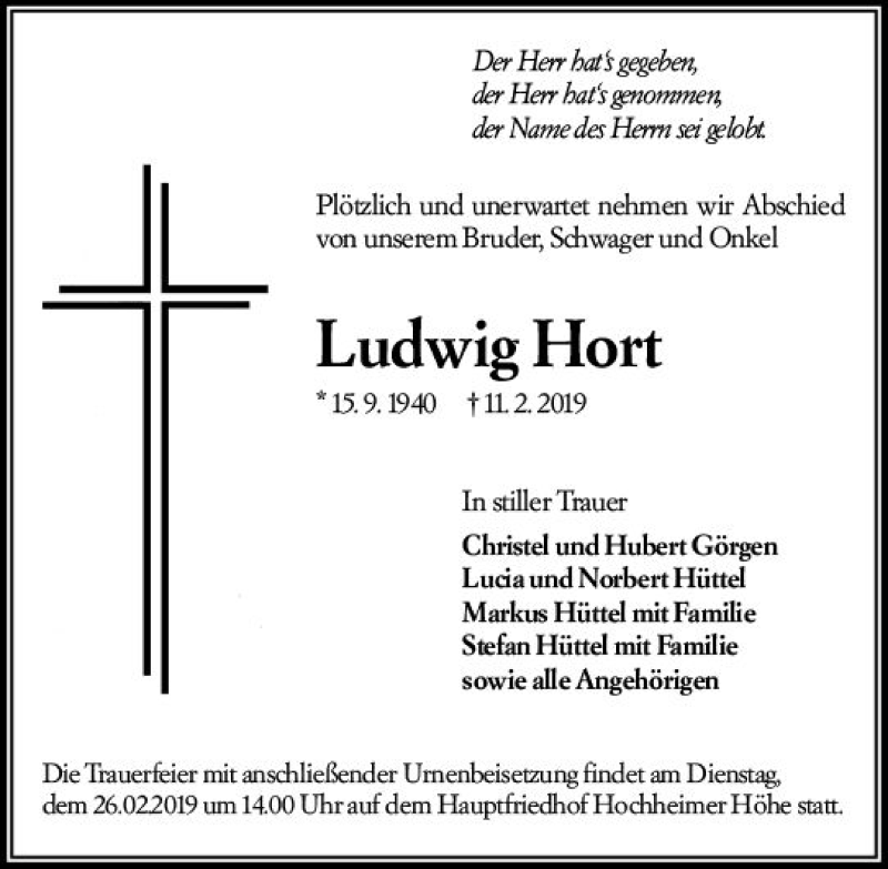  Traueranzeige für Ludwig Hort vom 23.02.2019 aus vrm-trauer
