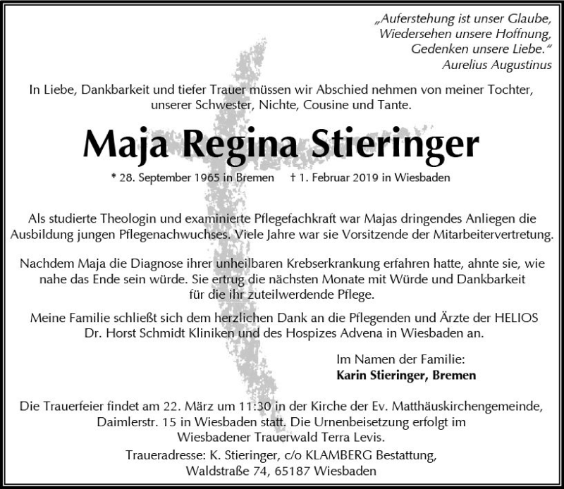  Traueranzeige für Maja Regina Stieringer vom 16.02.2019 aus vrm-trauer